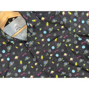 Buc-ees Space Camp Shirt Mens Medium Black UFO Space Ships‎ Planets Button